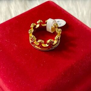 Elegant Gold Plated Crown Ring with Red Accents
